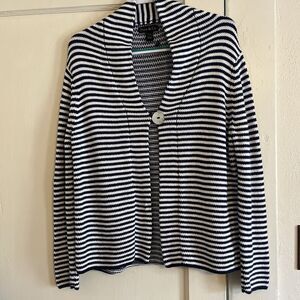 Nautical Sweater Women’s L Cardigan Blue White Stripe Hand Knit 100% Cotton